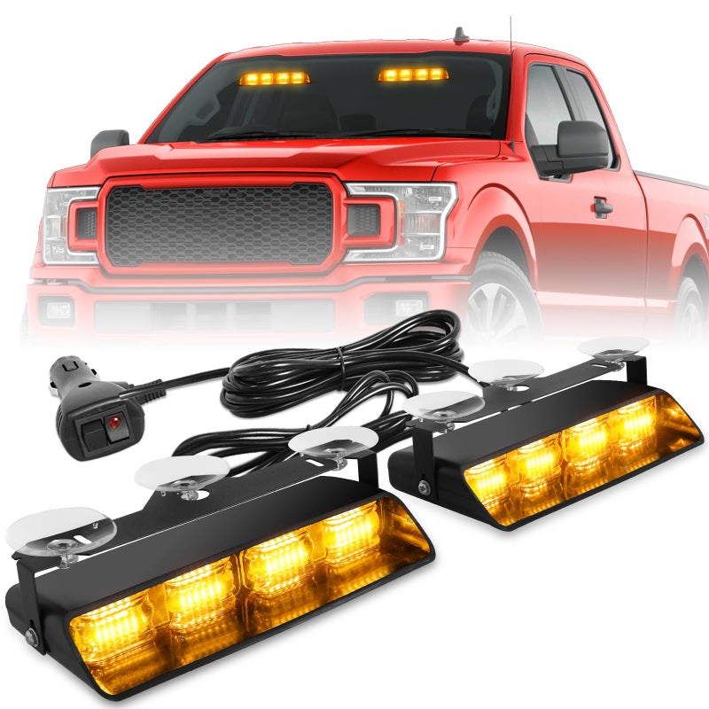 HLauto 2002L Emergency Dash Strobe Lights Amber Safety Lights Flashing Warning Hazard Windshield Visor Traffic Light Bars for Trucks Construction Vehicles 2x85 inch 48LED